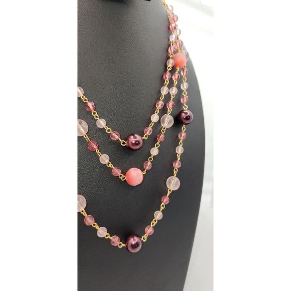 Pink Beaded Layered Necklace with Gold Tone Chain - Picture 3 of 5
